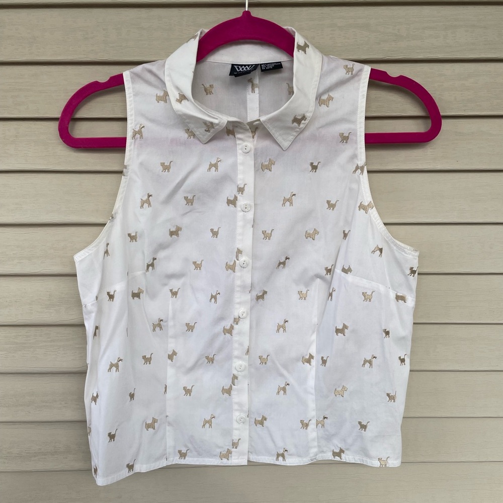 W by Worth Cropped Button Down Cat & Dog Print Size S